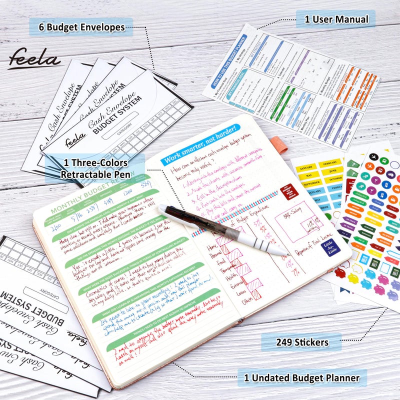 Feela Budget Planner, 2026 Monthly Undated Bill Organizer Hardcover Financial Journal, Feela Money Expense Tracker with Budget Envelopes, Stickers, 1 Pen, User Manual, A5, Last 12 Months, Purple - Image 2